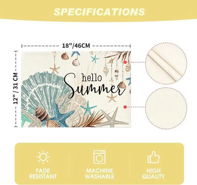 Alt view image 7 of 7 - Sunshine Starfish Shell Summer Placemats Set of 4, 12x18 Inch Seasonal Spring Holiday Table Mats for Party Kitchen Dining Decoration