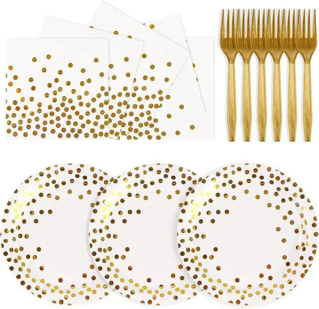 Alt view image 8 of 11 - 75PCS Paper Plates and Napkins Set, White and Gold Dot | Disposable Party Dinnerware, Includes Paper Plates, Napkins, Forks