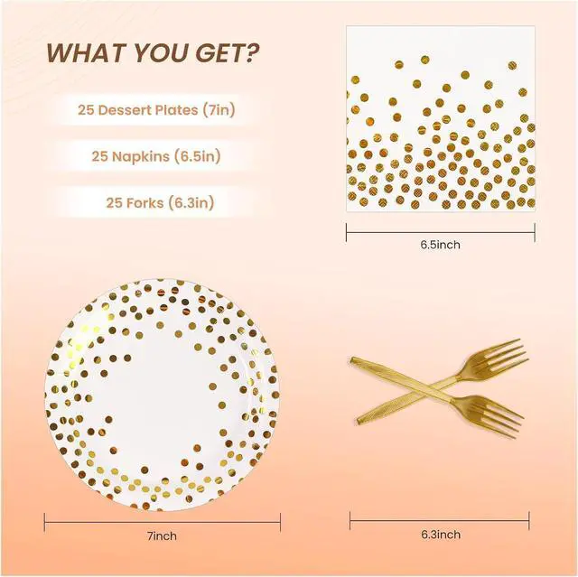 Alt view image 9 of 11 - 75PCS Paper Plates and Napkins Set, White and Gold Dot | Disposable Party Dinnerware, Includes Paper Plates, Napkins, Forks