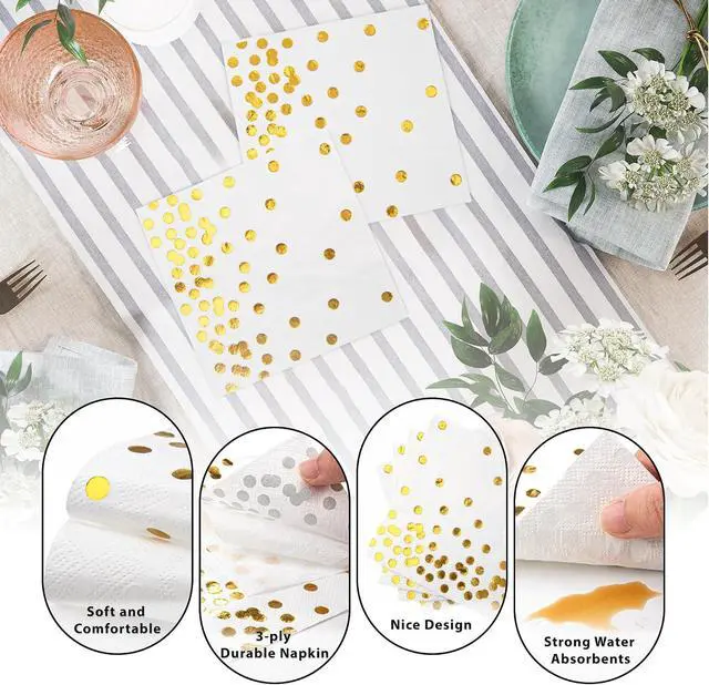 Alt view image 10 of 10 - 80 Pack of White Paper Cocktail Napkins with Gold Foil Polka Dot ConfettiPolka Dot Party Supplies(5 x 5 in3-ply) (gold)