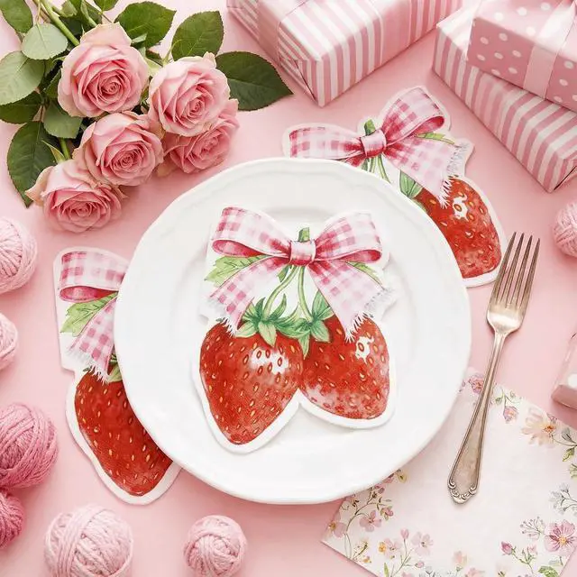 Alt view image 3 of 7 - 60 Pcs Strawberry Napkins, Pink Bow Strawberrys Cocktail Napkins Strawberry Party Decorations for Baby Shower, Sweet One Birthday, Berry Theme Party