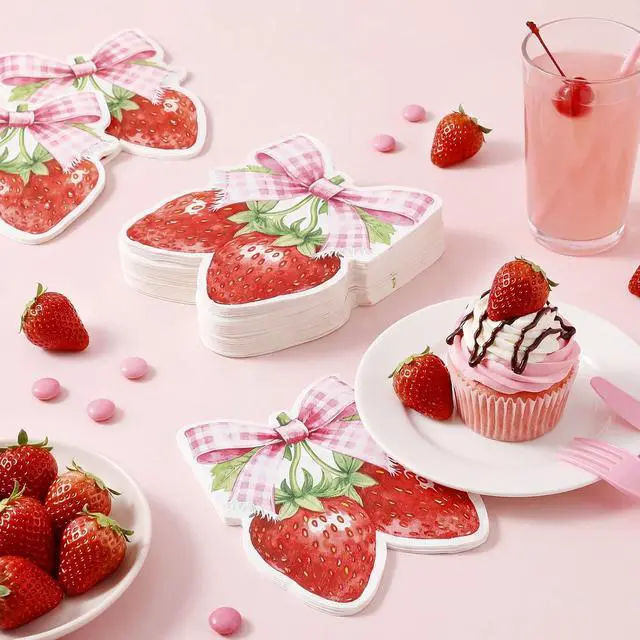 Alt view image 4 of 7 - 60 Pcs Strawberry Napkins, Pink Bow Strawberrys Cocktail Napkins Strawberry Party Decorations for Baby Shower, Sweet One Birthday, Berry Theme Party