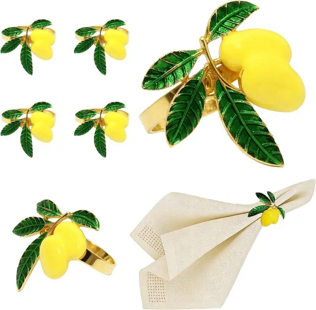 Main image of Lemon Napkin Rings Set of 6 Tropical Fruit Napkin Ring Holder for Holiday Family Gatherings Rustic Farmhouse Daily Table Setting,Coastal Beach Napkin Rings for Pool Party Beachy Wedding Decor