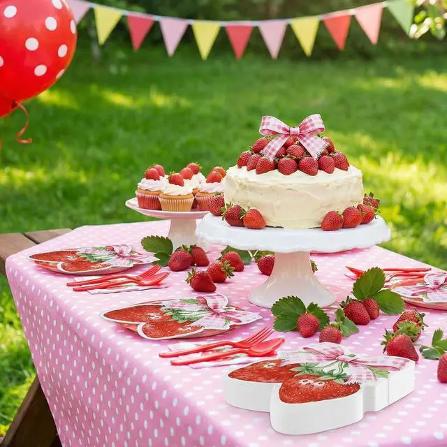 Alt view image 5 of 7 - 60 Pcs Strawberry Napkins, Pink Bow Strawberrys Cocktail Napkins Strawberry Party Decorations for Baby Shower, Sweet One Birthday, Berry Theme Party