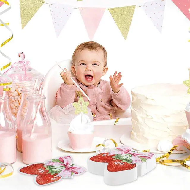 Alt view image 6 of 7 - 60 Pcs Strawberry Napkins, Pink Bow Strawberrys Cocktail Napkins Strawberry Party Decorations for Baby Shower, Sweet One Birthday, Berry Theme Party