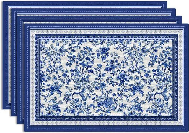 Main image of Blue Floral Branches Linen Placemats Set of 4, Chinoiserie Table Mats | Washable Non-Slip Heat Resistant Linen Fabric Rectangle Place Mats for Indoor Outdoor Party Kitchen Dining Decor 12 x 18 Inch