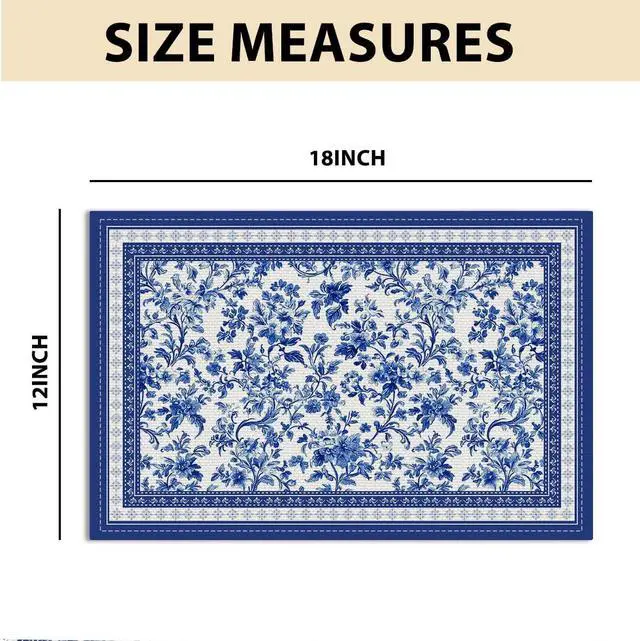 Alt view image 2 of 6 - Blue Floral Branches Linen Placemats Set of 4, Chinoiserie Table Mats | Washable Non-Slip Heat Resistant Linen Fabric Rectangle Place Mats for Indoor Outdoor Party Kitchen Dining Decor 12 x 18 Inch