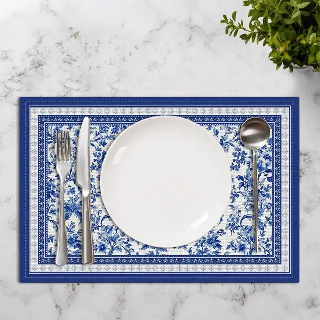 Alt view image 4 of 6 - Blue Floral Branches Linen Placemats Set of 4, Chinoiserie Table Mats | Washable Non-Slip Heat Resistant Linen Fabric Rectangle Place Mats for Indoor Outdoor Party Kitchen Dining Decor 12 x 18 Inch