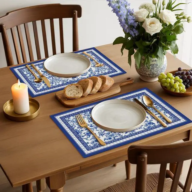 Alt view image 5 of 6 - Blue Floral Branches Linen Placemats Set of 4, Chinoiserie Table Mats | Washable Non-Slip Heat Resistant Linen Fabric Rectangle Place Mats for Indoor Outdoor Party Kitchen Dining Decor 12 x 18 Inch
