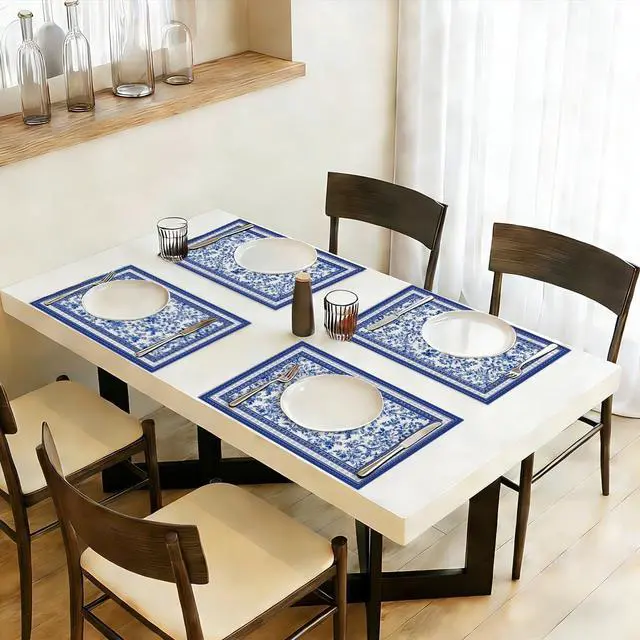 Alt view image 6 of 6 - Blue Floral Branches Linen Placemats Set of 4, Chinoiserie Table Mats | Washable Non-Slip Heat Resistant Linen Fabric Rectangle Place Mats for Indoor Outdoor Party Kitchen Dining Decor 12 x 18 Inch