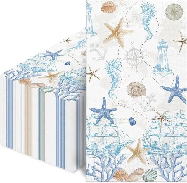 Main image of 50 Pcs Nautical Coastal Paper Napkins, Sea Blue Disposable Guest Towels for Wedding, Boat & Beach Parties, Bathroom Hand Towels, Dinner Decorative Supplies