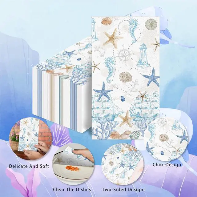 Alt view image 2 of 7 - 50 Pcs Nautical Coastal Paper Napkins, Sea Blue Disposable Guest Towels for Wedding, Boat & Beach Parties, Bathroom Hand Towels, Dinner Decorative Supplies