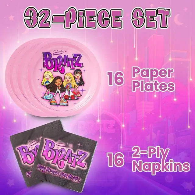Alt view image 2 of 7 - Bratz Dolls Featuring Yasmin, Sasha, Jade, and Cloe 32 Pack Partyware Disposable Paper Plates and Napkins