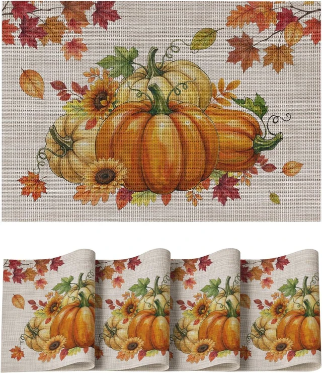 Main image of Pumpkins Maple Leaves Fall Vinyl Placemats Set of 4, Wipeable Colorful Printing PVC Place Mats for Party Kitchen Dining Decor, Beige