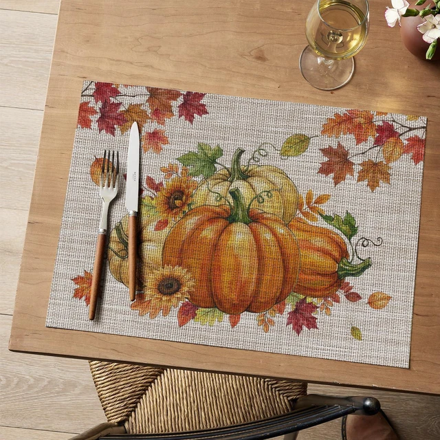 Alt view image 2 of 7 - Pumpkins Maple Leaves Fall Vinyl Placemats Set of 4, Wipeable Colorful Printing PVC Place Mats for Party Kitchen Dining Decor, Beige
