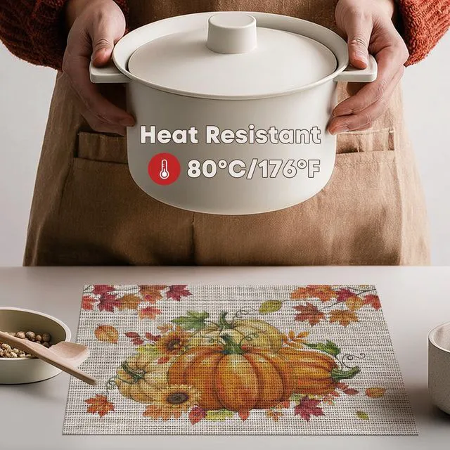 Alt view image 3 of 7 - Pumpkins Maple Leaves Fall Vinyl Placemats Set of 4, Wipeable Colorful Printing PVC Place Mats for Party Kitchen Dining Decor, Beige