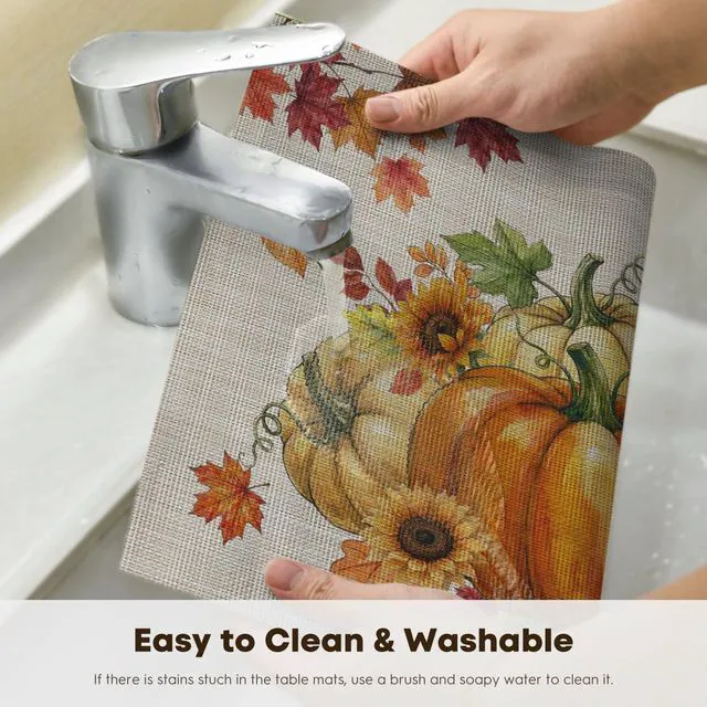 Alt view image 4 of 7 - Pumpkins Maple Leaves Fall Vinyl Placemats Set of 4, Wipeable Colorful Printing PVC Place Mats for Party Kitchen Dining Decor, Beige