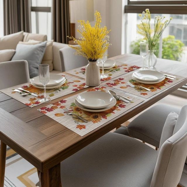 Alt view image 5 of 7 - Pumpkins Maple Leaves Fall Vinyl Placemats Set of 4, Wipeable Colorful Printing PVC Place Mats for Party Kitchen Dining Decor, Beige