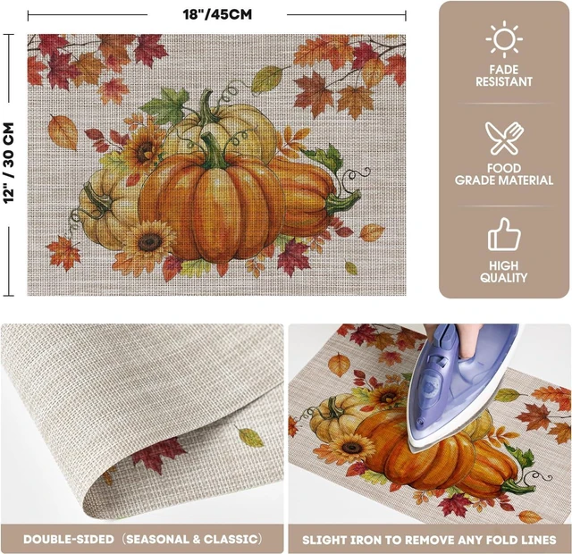 Alt view image 6 of 7 - Pumpkins Maple Leaves Fall Vinyl Placemats Set of 4, Wipeable Colorful Printing PVC Place Mats for Party Kitchen Dining Decor, Beige