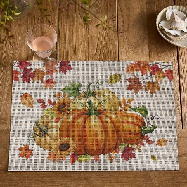 Alt view image 7 of 7 - Pumpkins Maple Leaves Fall Vinyl Placemats Set of 4, Wipeable Colorful Printing PVC Place Mats for Party Kitchen Dining Decor, Beige