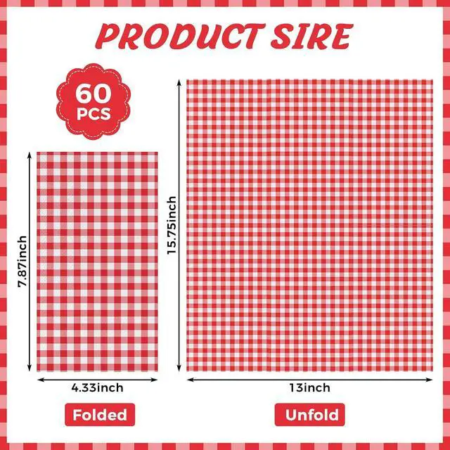 Alt view image 3 of 7 - 60 Pcs Red Gingham Napkins, 2 Ply Red and White Plaid Bathroom Napkins Guest Disposable Checkered Dinner Napkin for patriotic, Picnic, 4th of july, Birthday