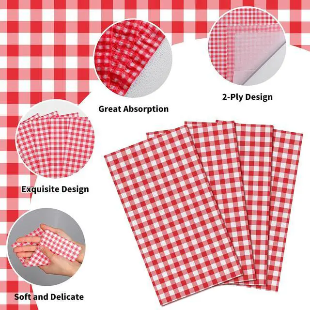 Alt view image 4 of 7 - 60 Pcs Red Gingham Napkins, 2 Ply Red and White Plaid Bathroom Napkins Guest Disposable Checkered Dinner Napkin for patriotic, Picnic, 4th of july, Birthday