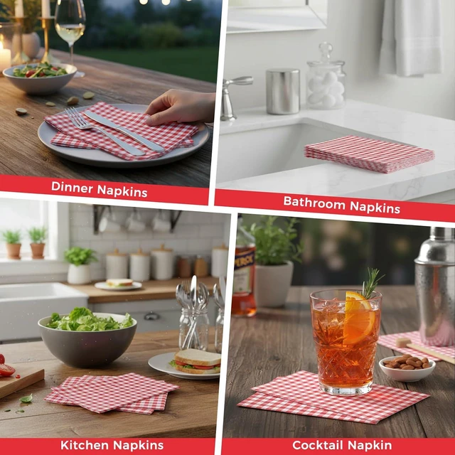 Alt view image 5 of 7 - 60 Pcs Red Gingham Napkins, 2 Ply Red and White Plaid Bathroom Napkins Guest Disposable Checkered Dinner Napkin for patriotic, Picnic, 4th of july, Birthday