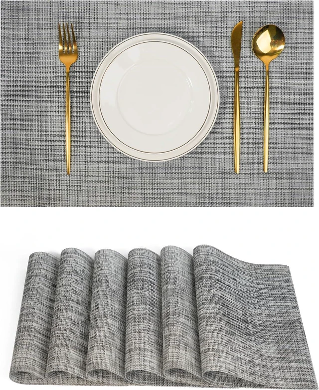 Main image of Placemats Set of 6Non-Slip PVC Weave Table Mats Easy to CleanHeat Resistant Place Mats for Kitchen Dining Table Decoration Indoor OutdoorGray