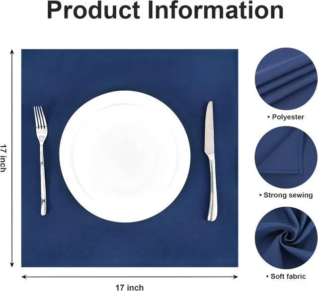Alt view image 5 of 7 - Set of 4 Navy Blue Cloth Napkins 17 x 17 Inches Solid Washable Polyester Dinner Napkins with Hemmed Edges for Dinners Parties Weddings Banquets Events Table Decoration