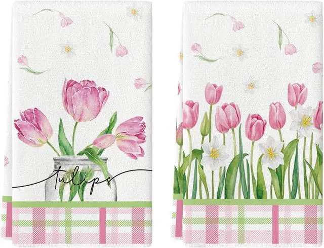 Main image of Tulip Buffalo Plaid Flowers Spring Kitchen Towels Dish Towels, 18x26 Inch Seasonal Floral Decoration Hand Towels Set of 2