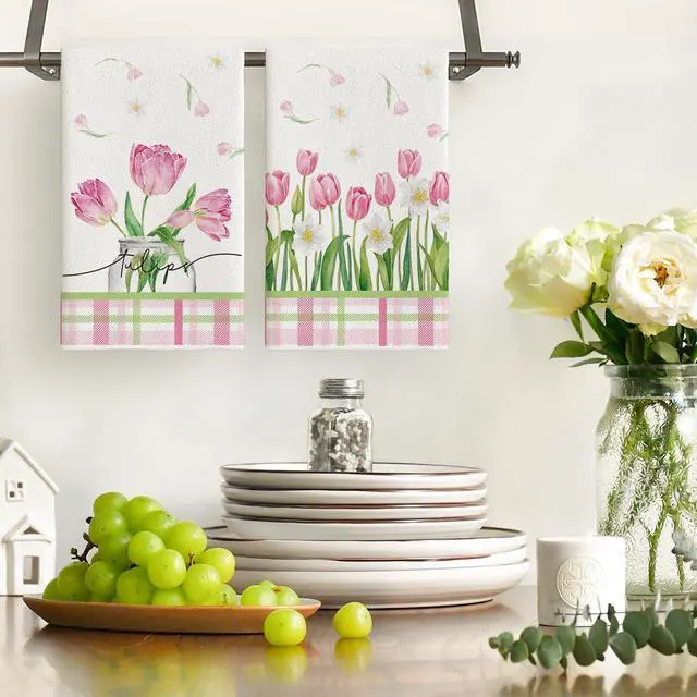 Alt view image 2 of 6 - Tulip Buffalo Plaid Flowers Spring Kitchen Towels Dish Towels, 18x26 Inch Seasonal Floral Decoration Hand Towels Set of 2