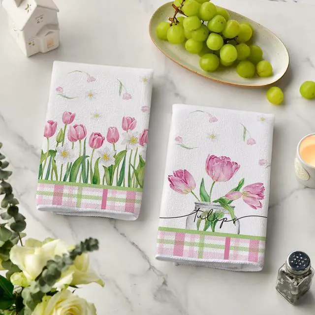 Alt view image 3 of 6 - Tulip Buffalo Plaid Flowers Spring Kitchen Towels Dish Towels, 18x26 Inch Seasonal Floral Decoration Hand Towels Set of 2