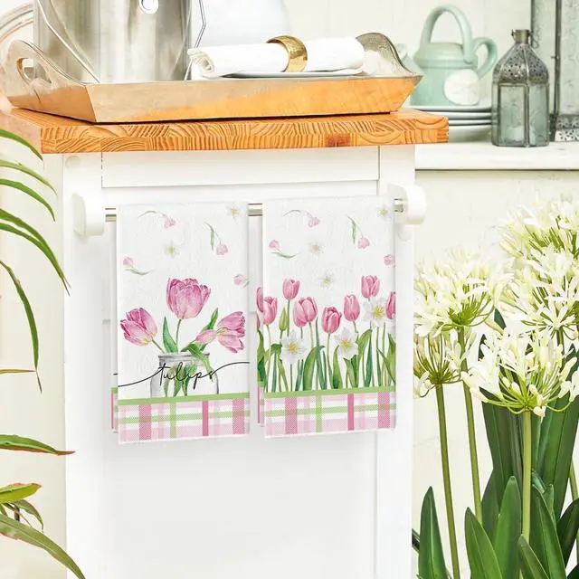 Alt view image 4 of 6 - Tulip Buffalo Plaid Flowers Spring Kitchen Towels Dish Towels, 18x26 Inch Seasonal Floral Decoration Hand Towels Set of 2
