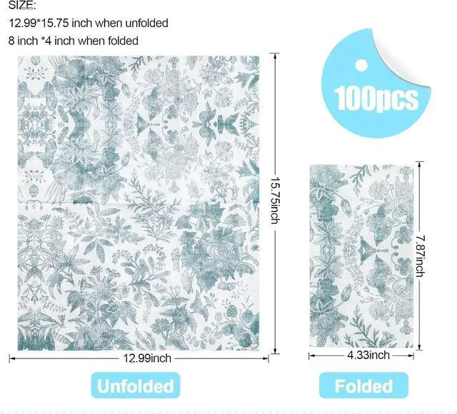 Alt view image 2 of 7 - 100 pack Floral Disposable Bathroom NapkinsPaper Napkins Decorativepaper hand towels for bathroomDessert Napkins Folded 7.8 x 4.3 Inches Disposable Napkins for Dinner Baby Shower