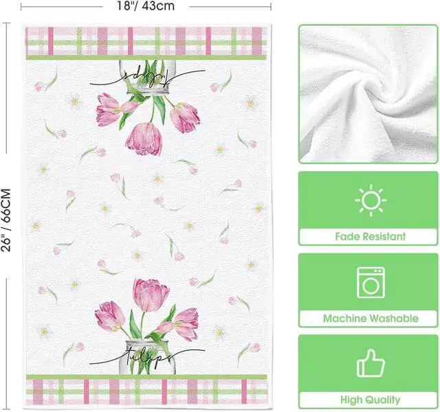 Alt view image 6 of 6 - Tulip Buffalo Plaid Flowers Spring Kitchen Towels Dish Towels, 18x26 Inch Seasonal Floral Decoration Hand Towels Set of 2