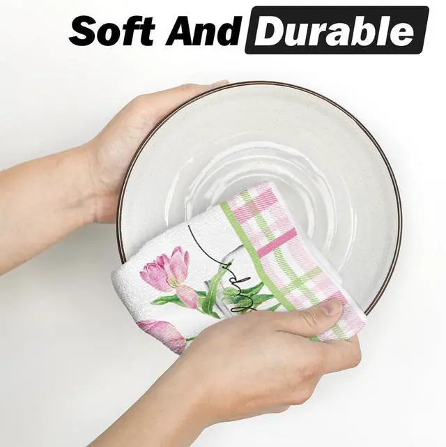 Alt view image 5 of 6 - Tulip Buffalo Plaid Flowers Spring Kitchen Towels Dish Towels, 18x26 Inch Seasonal Floral Decoration Hand Towels Set of 2