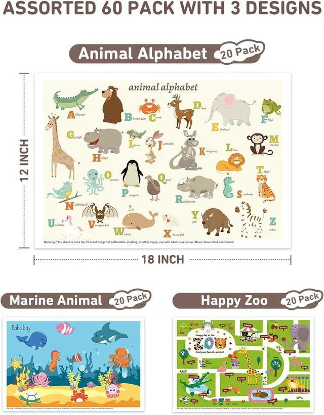 Alt view image 2 of 7 - Disposable Placemats for Baby, 60 Pack Sticky Toddler Placemat for Restaurants, Dining Table, Party, Travel, 12" x 18" with 3 Designs