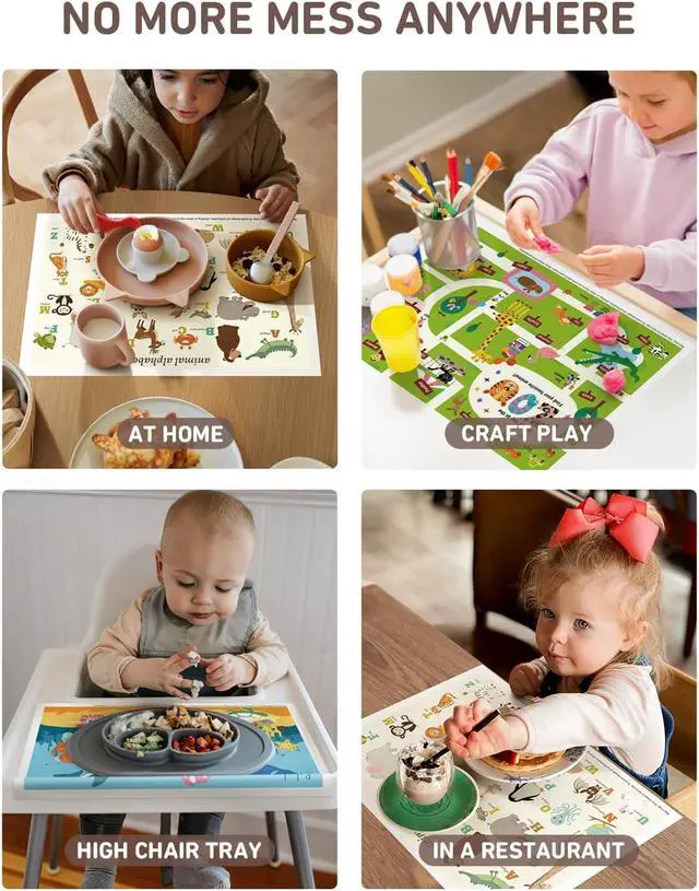 Alt view image 6 of 7 - Disposable Placemats for Baby, 60 Pack Sticky Toddler Placemat for Restaurants, Dining Table, Party, Travel, 12" x 18" with 3 Designs