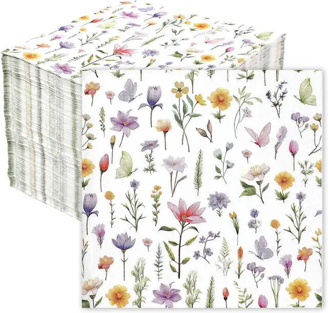 Main image of Wildflower Napkins, 100Pcs Floral Paper Napkins Disposable, 6.5x6.5 Inches Colorful Flower Butterfly Cocktail Napkin For Easter Spring Summer Picnic Wedding Baby Shower Birthday Tea Party Decorations