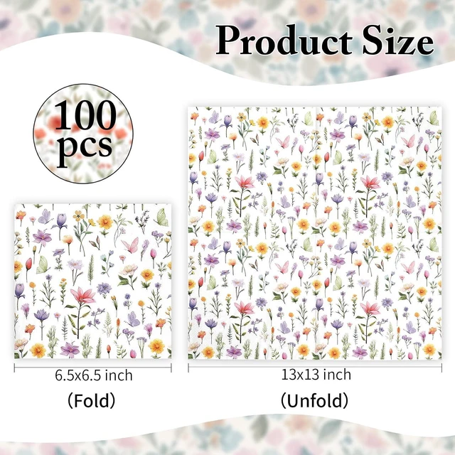 Alt view image 2 of 6 - Wildflower Napkins, 100Pcs Floral Paper Napkins Disposable, 6.5x6.5 Inches Colorful Flower Butterfly Cocktail Napkin For Easter Spring Summer Picnic Wedding Baby Shower Birthday Tea Party Decorations