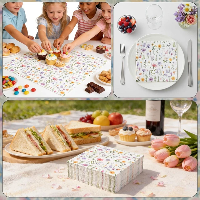 Alt view image 6 of 6 - Wildflower Napkins, 100Pcs Floral Paper Napkins Disposable, 6.5x6.5 Inches Colorful Flower Butterfly Cocktail Napkin For Easter Spring Summer Picnic Wedding Baby Shower Birthday Tea Party Decorations