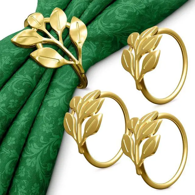 Alt view image 8 of 8 - Gold Napkin Rings Set of 12, Leaf Design Metal Holders for Dining Use | Hold Cloth Napkins Neatly at Weddings, Anniversaries, and Parties - Elegant Accents That Finish a Festive Table Setting