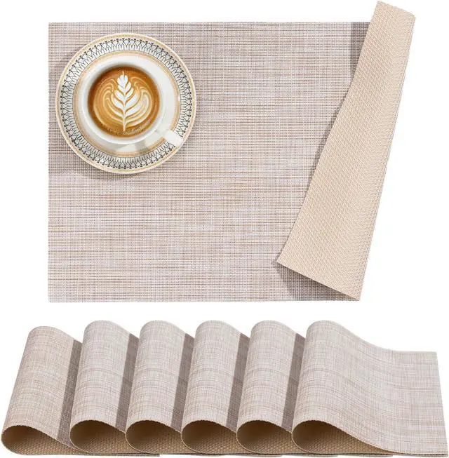 Main image of Placemats Set of 6 Heat Resistant Washable Wipeable Placemat Woven Non-Slip Foldable Vinyl/Plastic Place Mats Indoor/Outdoor Mat Kitchen Dining Table Pad, Beige