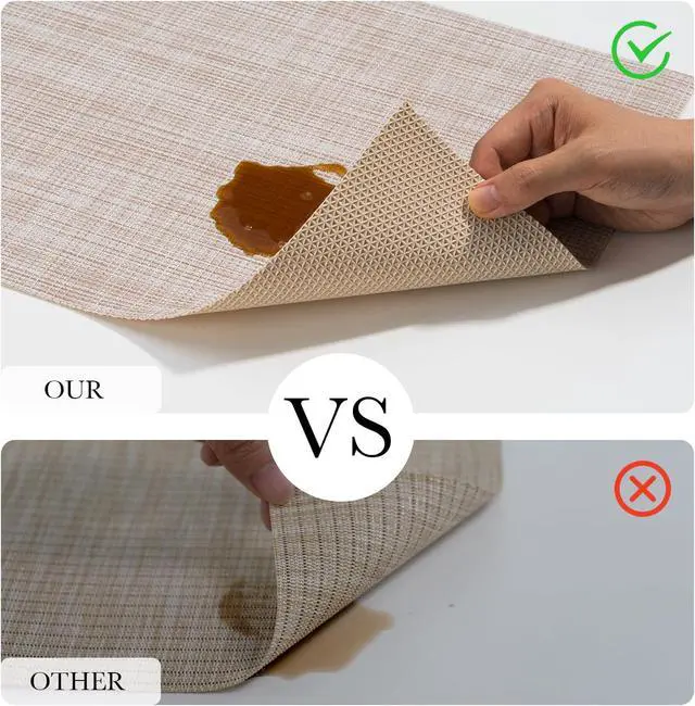 Alt view image 3 of 7 - Placemats Set of 6 Heat Resistant Washable Wipeable Placemat Woven Non-Slip Foldable Vinyl/Plastic Place Mats Indoor/Outdoor Mat Kitchen Dining Table Pad, Beige