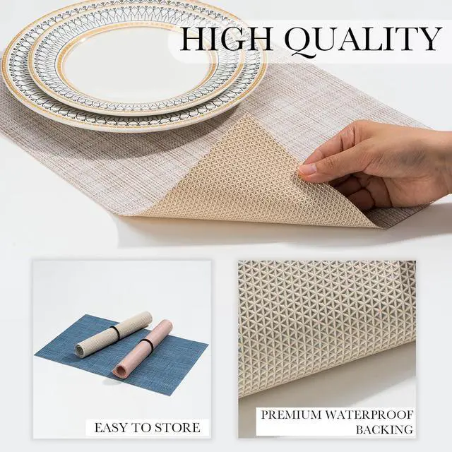 Alt view image 5 of 7 - Placemats Set of 6 Heat Resistant Washable Wipeable Placemat Woven Non-Slip Foldable Vinyl/Plastic Place Mats Indoor/Outdoor Mat Kitchen Dining Table Pad, Beige