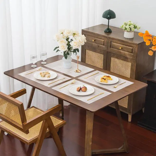 Alt view image 7 of 7 - Placemats Set of 6 Heat Resistant Washable Wipeable Placemat Woven Non-Slip Foldable Vinyl/Plastic Place Mats Indoor/Outdoor Mat Kitchen Dining Table Pad, Beige