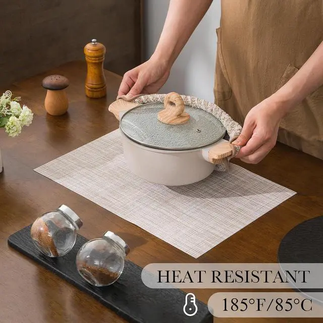 Alt view image 6 of 7 - Placemats Set of 6 Heat Resistant Washable Wipeable Placemat Woven Non-Slip Foldable Vinyl/Plastic Place Mats Indoor/Outdoor Mat Kitchen Dining Table Pad, Beige