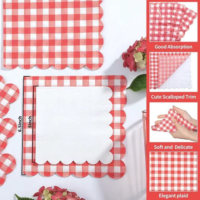 Alt view image 4 of 7 - 80 Pcs Red Gingham Napkins 6.5 In Red and White Paper Napkins