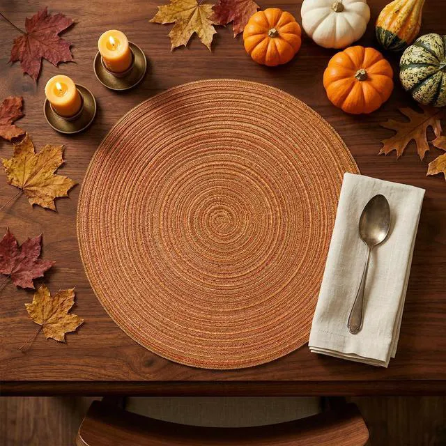 Alt view image 3 of 7 - Orange Cotton Polyester Braided Placemats Set of 4, 14 Inch Washable Non-Slip Woven Round Table Mats for Party Kitchen Dining Decor