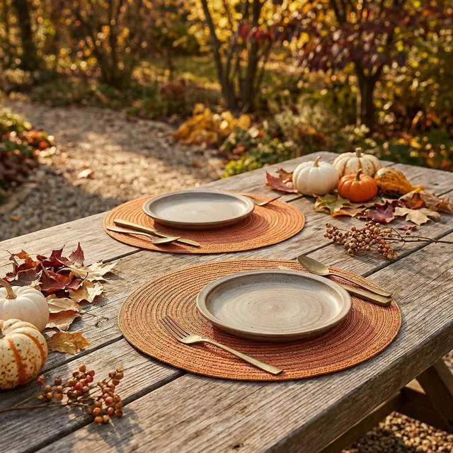 Alt view image 5 of 7 - Orange Cotton Polyester Braided Placemats Set of 4, 14 Inch Washable Non-Slip Woven Round Table Mats for Party Kitchen Dining Decor